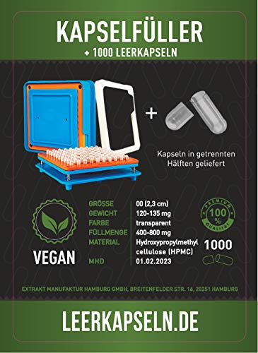 [Premium Starterset] 100er Kapselfüllmaschine [!Kapselgröße 00!] + 1000 Vegane Leerkapseln| getrennte Kapselhälften [kein vorheriges öffnen nötig]